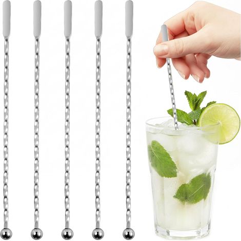 5 agitadores de cóctel de acero inoxidable, palitos mezcladores en espiral de 19 cm para bebidas frías y calientes, café, bar, boda, cumpleaños, fiesta (1/5)