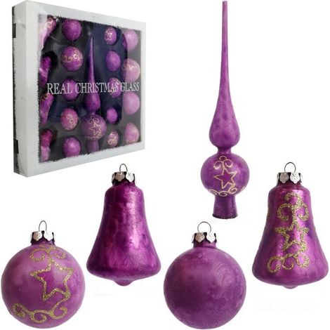 Ensemble de 18 boules de Noël en verre avec un ornement, couleur violette (1/5)