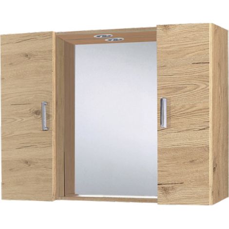 Specchio Contenitore Con 2 Ante + Faretto Led Cromato - 81 x 60 x 16 cm - 2 Ante Con Maniglia - Colore Rovere