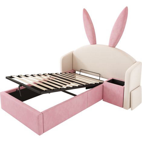 Cama infantil 90x190 cm de terciopelo con cabecero de conejo, almacenaje y mesita, beige y rosa (1/5)