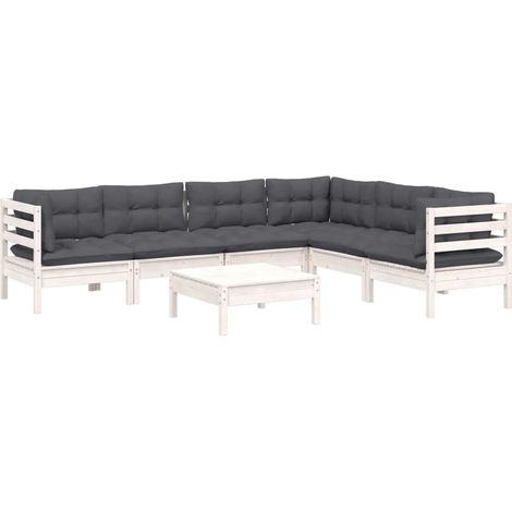vidaXL Set Divani da Giardino 7 pz con Cuscini Bianchi Legno di Pino (1/4)