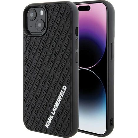 Coque rigide noire Karl Lagerfeld KLHCP15S3DMKRLK pour iPhone 15/14/13 (6,1 pouces), logo multiple en caoutchouc 3D (1/5)
