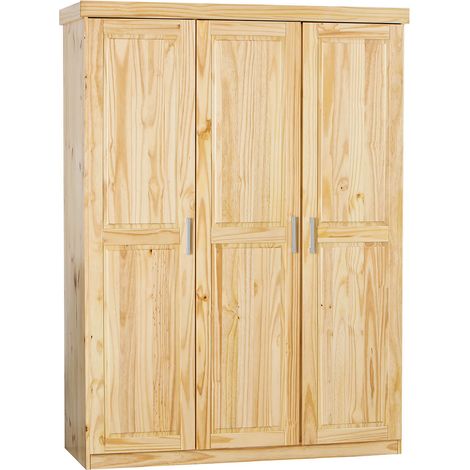 Altobuy – Armoire 3 portes en pin massif vernis naturel – Dimensions 140 x 55 x H190 cm – 5 compartiments et barre de penderie (1/6)
