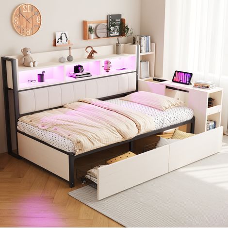 DESVIAE Lit simple multifonction 90 x 200 cm avec rangement bureau coulissant prises intégrées LED tiroirs métal bois blanc (1/5)