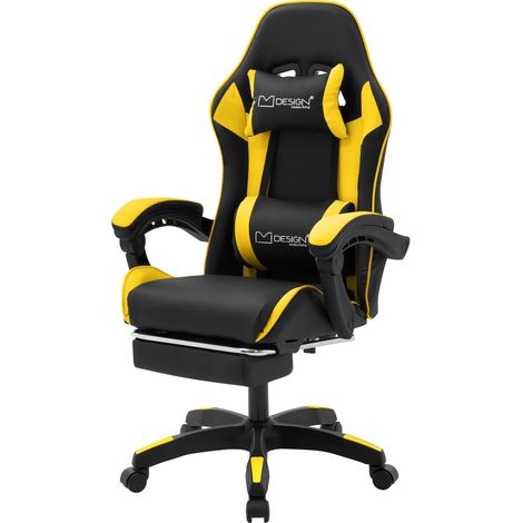 ML-Design Gaming Stuhl mit Fußstütze, Gelb, aus Kunstleder, Ergonomischer Bürostuhl mit Armlehne, Kopfstütze, Lendenkissen, Drehstuhl verstellbar, Racing Gamer Stuhl Schreibtischstuhl Drehsessel