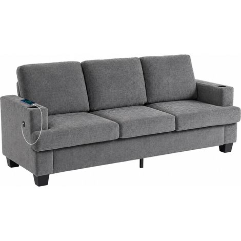 3 Seater Sofa, USB Ports and Cup Holders, 213 x 82 x 90 cm, Grey (1/5)