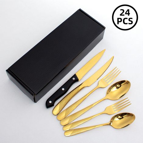 (Ensemble de 24 pièces - doré) Ensemble de couverts en acier inoxydable épais incrusté de diamants, comprenant une fourchette et une cuillère.