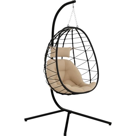 Silla colgante tipo huevo con soporte, cesta plegable, cojín y reposacabezas para uso interior y exterior, capacidad de carga de 120 kg, color caqui. (1/5)