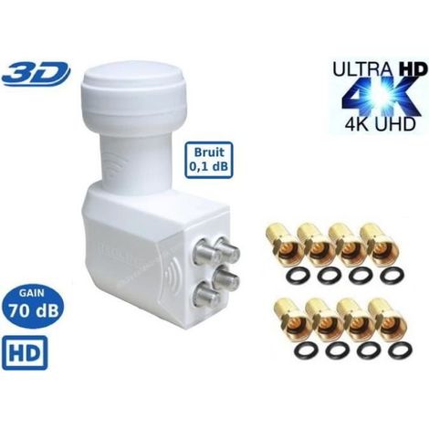 LNB Quad SR-4088 0.1dB High Gain 70 DB  - Tête Parabole Universelle Compatible Full HD 4K TNTSATCanal+ Astra et FRANSAT+8 fiches F (1/3)