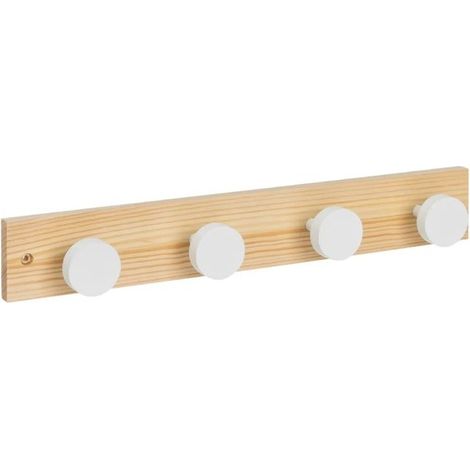 Porte manteau - JUANIO - Patère 4 crochets - Coloris blanc et bois de pin - Longueur 40 cm - Pin (1/3)
