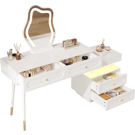 ELVMI Tocador con 4 Cajones, Hueco Abierto y Espejo LED Tactil Regulable para Dormitorio, Blanco, 140 x 40 x 130 cm (1/5)