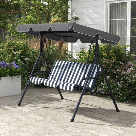Chaises longues de jardin balançoire 3 places en acier et polyester gris, toit pare-soleil réglable, 172x110x153 cm (1/5)