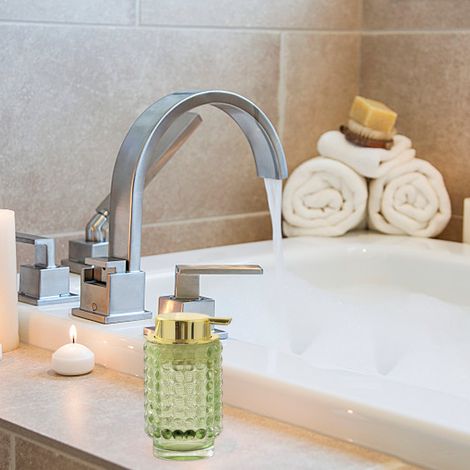 1 Distributeur de savon et lotion, verre transparent/vert, 250 ml, 9 x 9 x 15 cm, salle de bain et cuisine (1/5)