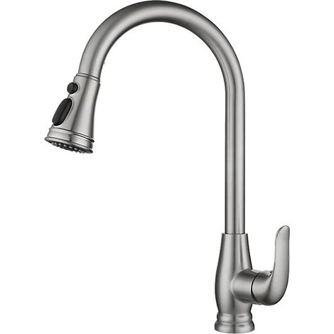 Robinet d'évier de cuisine en inox - 3 fonctions, rotation 360°, mitigeur eau chaude/froide, douchette extractible (1/3)