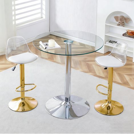 Set da bar con tavolo rotondo in vetro e 2 sgabelli trasparenti, oro e argento, Ø89 cm, altezza sgabelli regolabile (1/5)