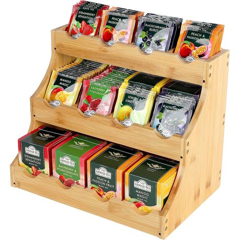 Vertikales Teebeutel-Aufbewahrungsregal aus Bambus, 12 verstellbare Fächer – Dreistöckige Teebox aus Holz für Teebeutel, Kaffee, Zucker und Rührstäbchen
