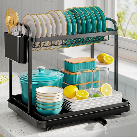 Egouttoir Vaisselle - Égouttoir À Vaisselle À 2 Niveaux Gain De Place, Egoutoire Vaisselle Cuisine, Égouttoir en Acier Inoxydable avec Porte-Couverts, 38 x 29 x 38 cm, Noir (1/5)