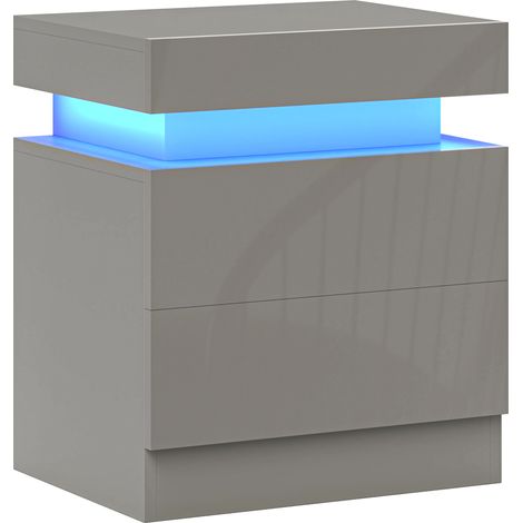 HOMCOM High Gloss Bedside Table with LED Light and 2 Drawers, Grey