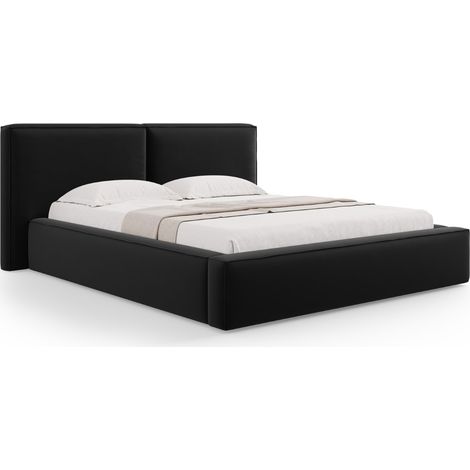 Lit coffre avec tête de lit double 140x200cm en velours noir (1/5)