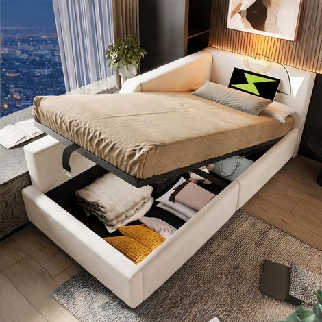 Cadre de lit beige en velours 213 x 98 x 70,5 cm (1/5)