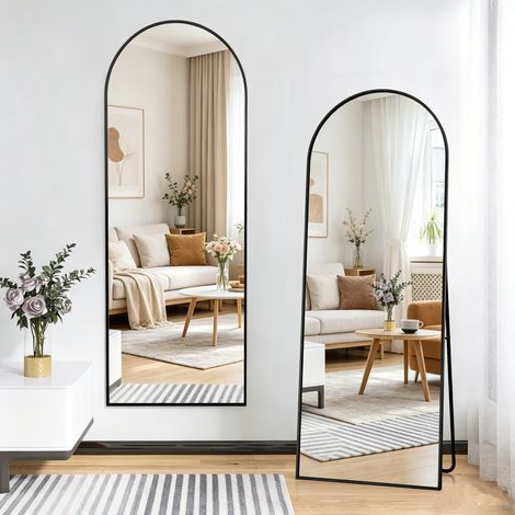 BLANKETSWARM - Miroir sur pied avec haut bombé, Miroir pleine longueu - 164 X 54 cm - Verre Trempé - Cadre En Alliage D'aluminium - À Poser Sur Pied Ou À Fixer Au Mur, Doré (1/5)