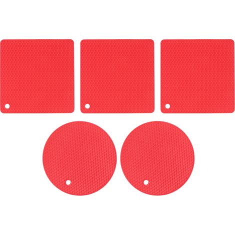 Set de 5 dessous de plat en silicone rouge, nid d'abeille, résistant à la chaleur -40°C à 230°C, 2 ronds et 3 carrés (1/5)