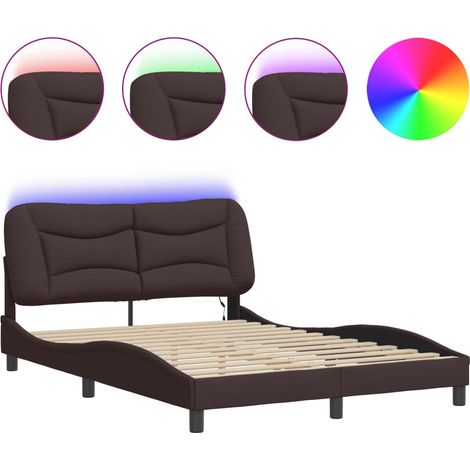 Maison Exclusive - Cadre de lit avec LED sans matelas Hvar marron foncé 140x200cm tissu (1/5)