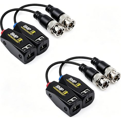 Lot de 2 paires d'émetteurs vidéo BNC définition AHD/CVI/TVI/CVBS 8 MP passif BNC surveillance vidéo émetteur pour caméras de surveillance, écrans de surveillance (1/5)