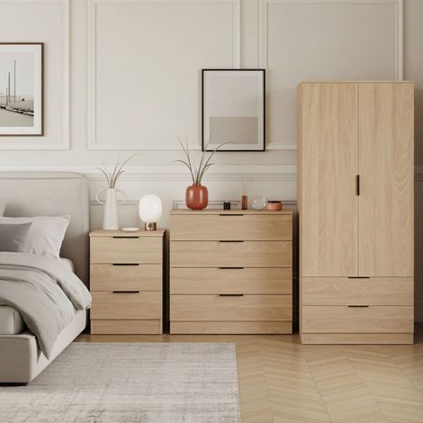 Trega 3pc Bedroom Furniture Set – 3 Drawer Bedside, 4 Drawer Chest & 2 Door Wardrobe, Pine (1/4)