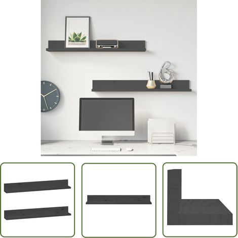 The Living Store Étagères murales 2 pcs Gris 80x11x9 cm Bois de pin massif - Étagères Murales - Étagères Flottantes - Étagères Bois - Décoration Murale - Rangement Mural (1/5)