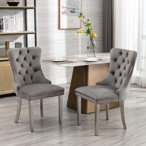 Chaises de salle à manger contemporaines haut de gamme, en bois massif capitonné, revêtues de velours, avec pieds en acier inoxydable chromé et garniture cloutée, vendues par lot de 2, gris et chromé,