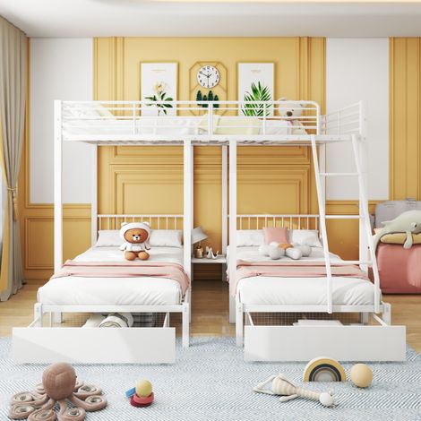 Lit Superposé Triple Convertible avec Tiroirs - 140x200cm + 2x90x200cm - Blanc (1/5)