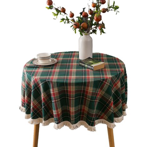 Nappe De Table Ronde - 150 cm - Motif Tartan Rouge Vert - En Polyester - Pour Fêtes De Fin D Année Et Réveillon - 1 Pièce (1/5)
