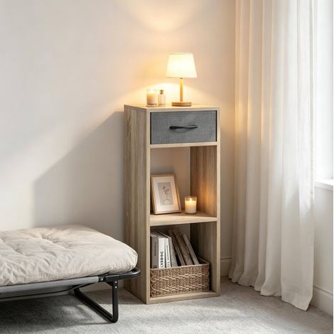 Bücherregal 32x30x106 cm grau und helle Eiche aus Holzwerkstoff mit Schublade und offenen Fächern (1/5)