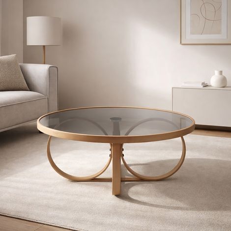 Table basse ronde 100x100x47 cm en verre fumé gris et bois naturel (1/5)