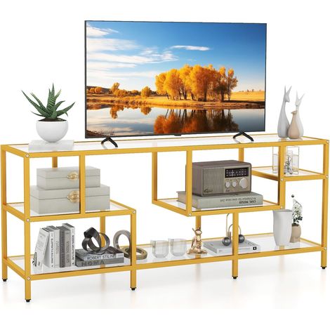 Costway – Meuble TV en verre trempé pour téléviseurs jusqu'à 65 pouces – Support en métal avec 4 étagères – Dimensions 147x40x62 cm – Couleur doré (1/5)