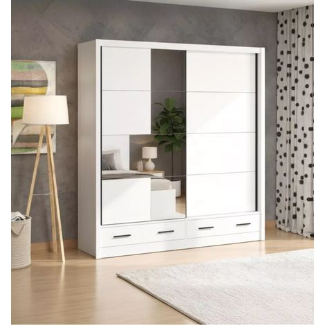 armadio scorrevole "alba" con specchio e cassetti bianco 205x60x215 cm (1/4)
