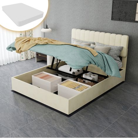 Lit tapissé 140/200 cm beige en tissu et métal avec matelas inclus et tête de lit haute (1/5)