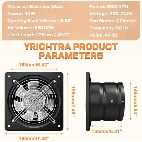 150 mm Extracteur d'Air Chaud 525m³/h– Puissant, Silencieux, et Efficace Valve Anti-Retour Prévention de l'Humidité et Refroidissement Idéal pour Cuisine, Salle de Bain, Noir (1/5)