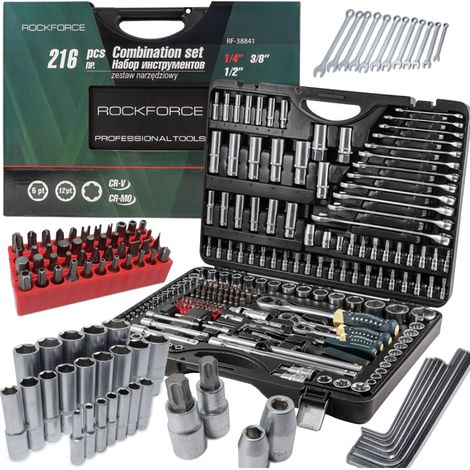 Coffret d'outils Rockforce 216 pièces, clés à douille 1/4", 1/2" et 3/8", embouts et mallette. (1/5)