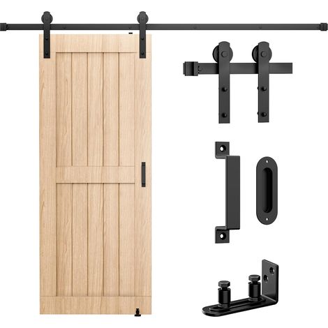 Kit complet de ferrures de porte coulissante - Système de porte coulissante - Noir - 200 cm - Avec poignées, loquet - Guide au sol réglable - Pour cuisine, chambre à coucher, granges (1/5)