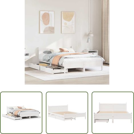 vidaXL Tiroir sous lit - Cadre de lit sans matelas blanc 135x190 cm bois de pin massif (1/5)