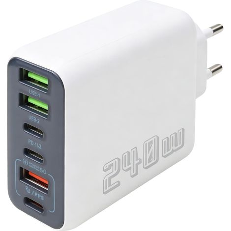 Chargeur USB C 240W Multiport 6 Ports GaN Blanc, 3 USB-C + 3 USB-A 240W 6 Ports USB C Prise de Charge Rapide, Bloc Secteur PD 3.0 PPS QC 4.0 pour 17/16/15, Pad, Galaxy (1/5)