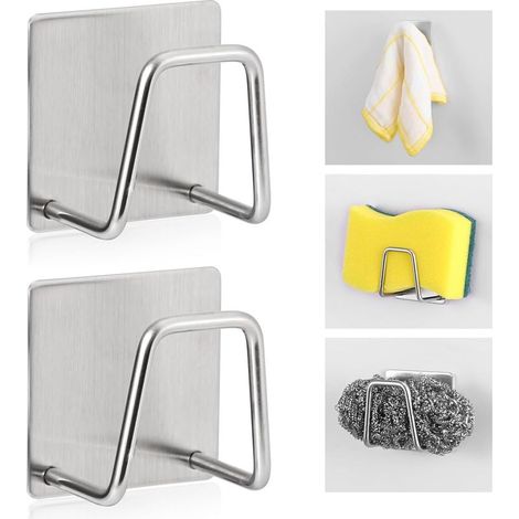 Porte-éponge adhésif pour évier de cuisine, crochet à récurer en acier inoxydable SUS304, support de rangement pour accessoires d'évier pour récurer les torchons (2 pièces) (1/5)