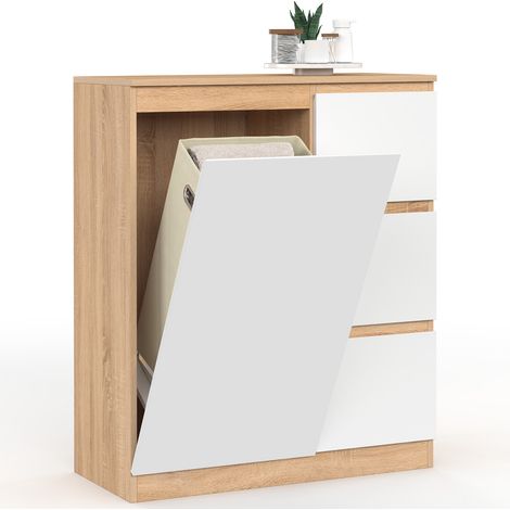 Meuble de rangement salle de bain TOMI 1 porte avec panier à linge amovible 3 tiroirs façon hêtre et blanc (1/5)