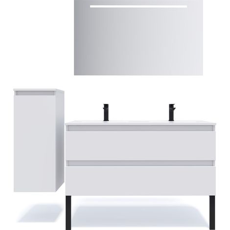 Meuble de salle de bain suspendu double vasque intégrée 120cm 2 tiroirs Blanc + miroir + colonne ouverture gauche - Hudson (1/5)
