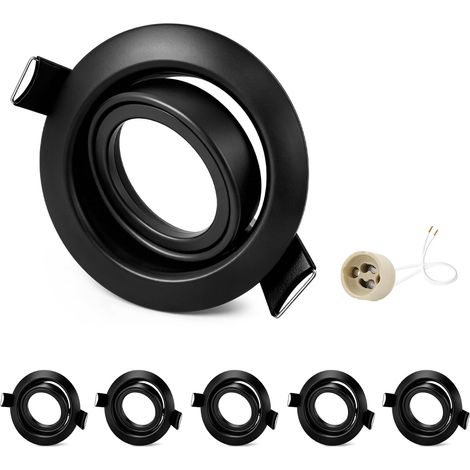 6x Cadre Spot Encastrable GU10 Noir, Orientable 45°, Cadre en Fer, Découpe 68-75mm, Ø87mm Plat, Douille GU10 Céramique 230V, IP20, sans Ampoule (1/5)
