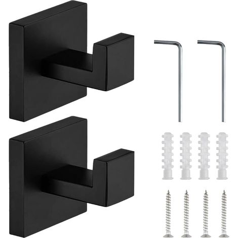 Crochet Mural Carré Noir Lot de 2, Patère Salle de Bain à Visser avec Fixation Cachée, Crochet pour Serviette, Peignoir, Cuisine, Chambre et Entrée (1/5)
