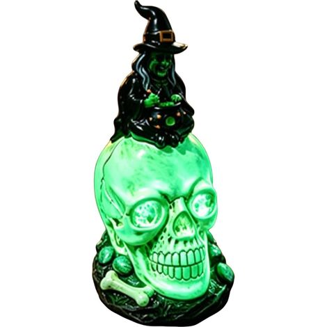 Lampe Crâne Gothique Lampe Sculpture Squelette Sorcière en Résine Statue de Crâne Lumineux d'Halloween pour Artisanat, Exposition, Étagère, Salon, Bar, Fêtes, Vacances, Chevet, Chambre (1/5)
