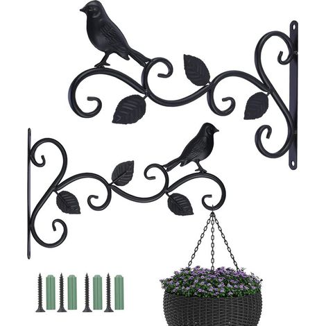 Lot de 2 supports de panier à suspendre pour extérieur, 30,5 cm, crochets décoratifs en métal pour plantes suspendues, mangeoires à oiseaux, lanternes (3 feuilles), Noir, 30cm L x 19cm H (1/5)